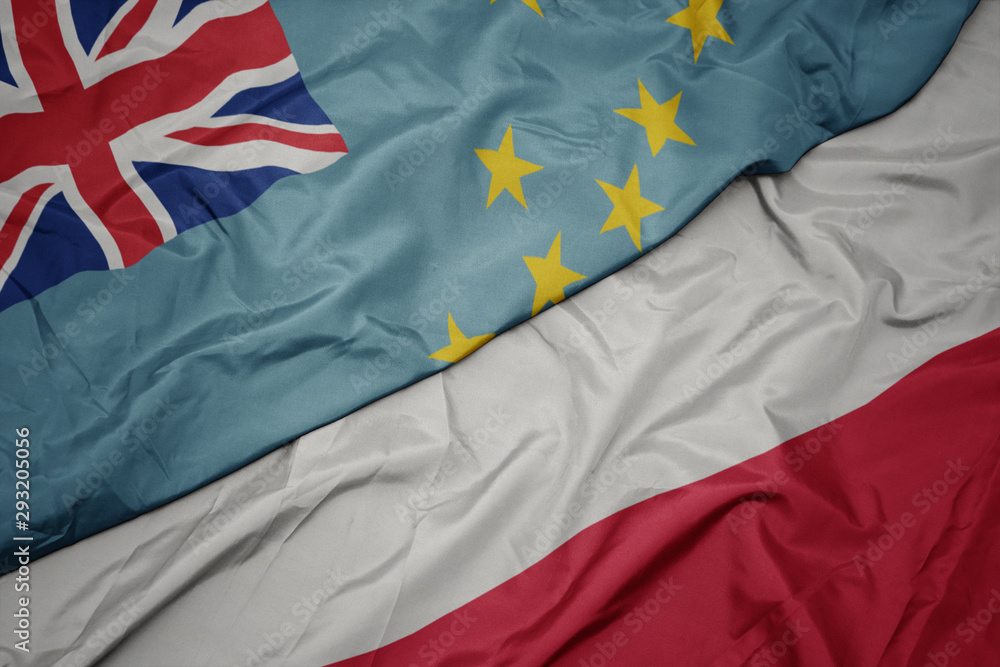 waving colorful flag of poland and national flag of Tuvalu . waving colorful flag of poland and national flag of Tuvalu .