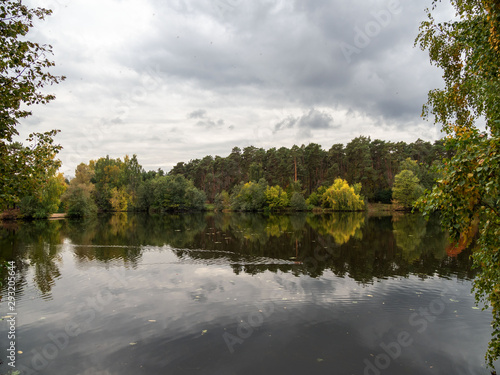 Autumn, trees, river, clouds.