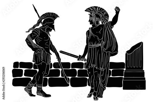 Two ancient Greek warriors with weapons in their hands near a stone parapet.
