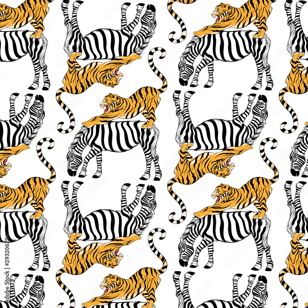 Obraz premium Vector pattern with hand drawn illustration of tiger and zebra isolated. Template for card, poster, banner, print for t-shirt, pin, badge, patch.