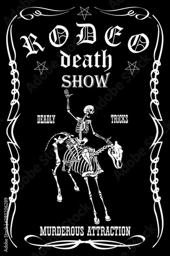 vector image of a cowboy skeleton on a skeleton horse in a poster style