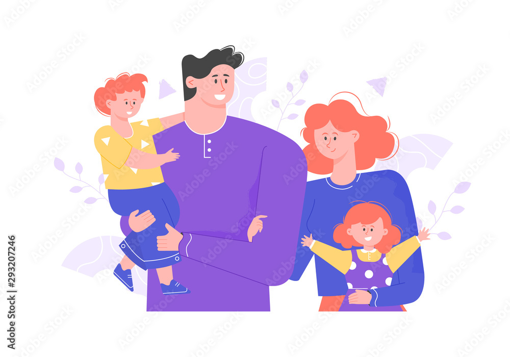 Happy family is standing together. Hug and smile. Joyful people: dad, mom and two children. Vector illustration.