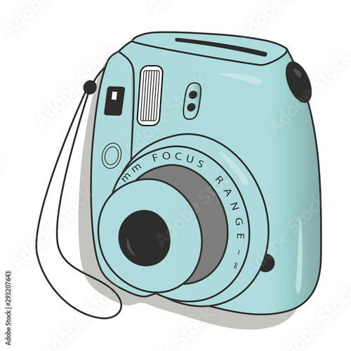 Teal, vintage instant camera vector illustration, front view with 45 degree movement.