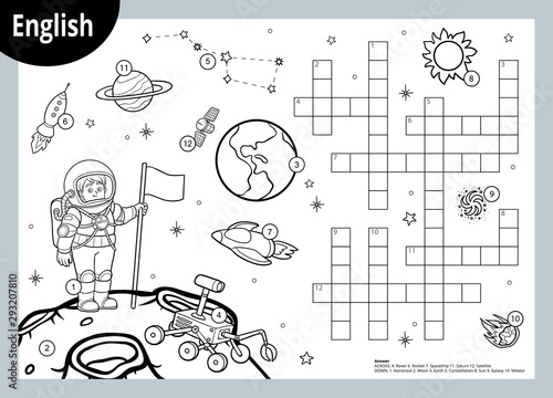 Vector crossword in English, education game for children about space. Cartoon astronaut and cosmic objects