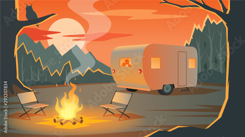 Camping landscape with camper, silhouettes loving couple in the trailer, mountains, forest and bonfire in evening, sunset, outdoor recreation, travelling, vector illustration.