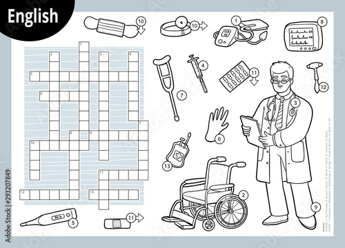 Vector crossword in English, education game for children about medicine. Cartoon doctor and medical objects