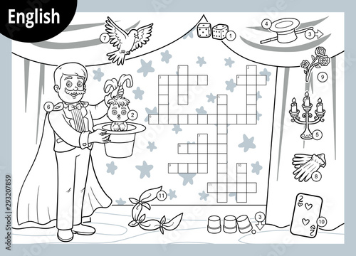 Vector crossword in English. Cartoon Illusionist and objects for magic tricks