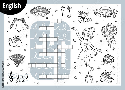 Vector crossword in English, education game for children. Cartoon ballerina and dancing objects