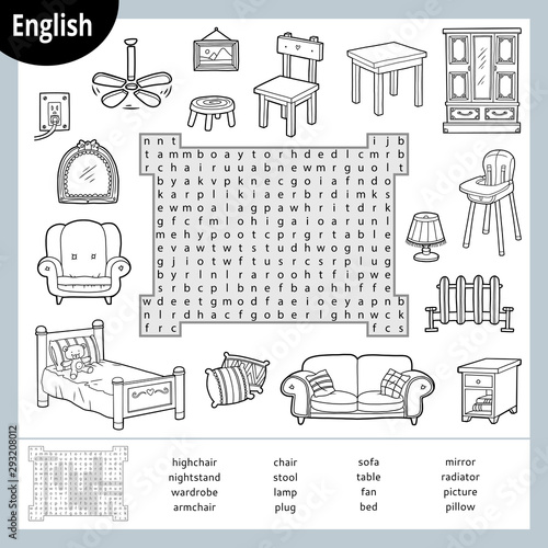 Word search puzzle. Cartoon set of furniture. Education game for children