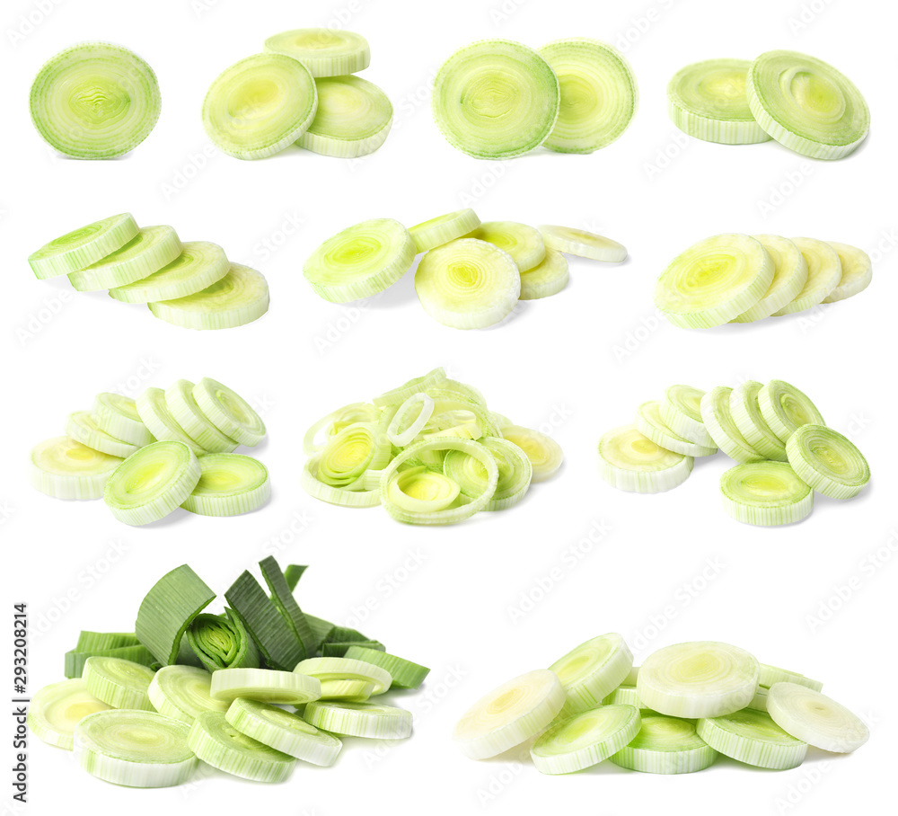 Set of fresh raw leek slices on white background. Ripe onion