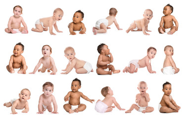 Cute little baby crawling on white background