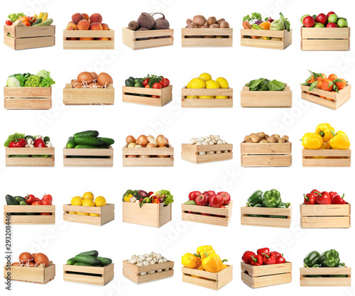 Fototapeta Naklejka Na Ścianę i Meble -  Set of wooden crates with different fruits, vegetables and eggs on white background