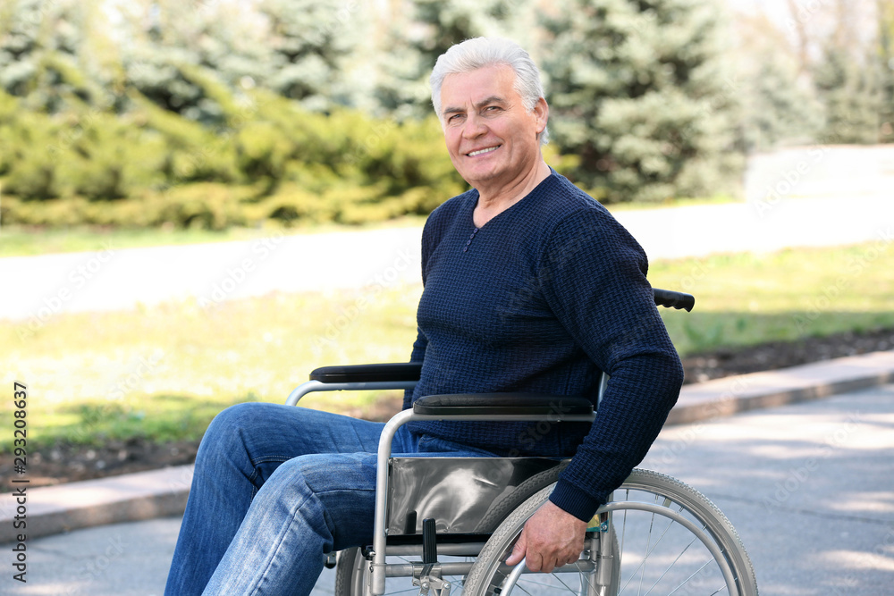 Senior man in wheelchair at park on sunny day Senior man in wheelchair at park on sunny day