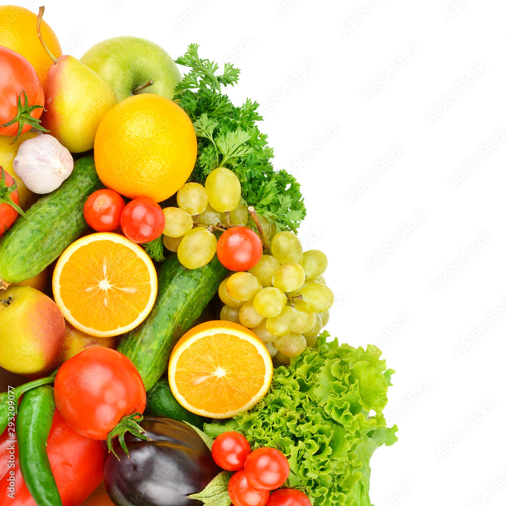 Fruits and vegetables isolated on a white background. Free space for text. Fruits and vegetables isolated on a white background. Free space for text.