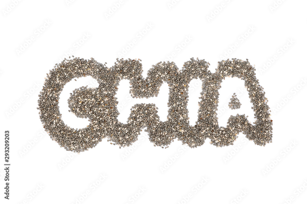 Word Chia layout of chia seeds, isolated on white background Word Chia layout of chia seeds, isolated on white background