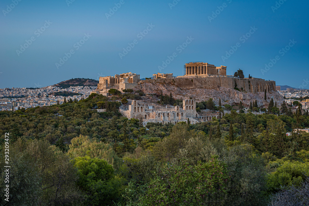 Vista dell'Acropoli di Atene al crepuscolo, Grecia 