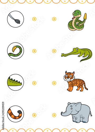 Matching game, education game for children. Find the right parts, set of cartoon animals