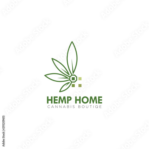 logo hemp home, with simple windows and art line cannabis vector