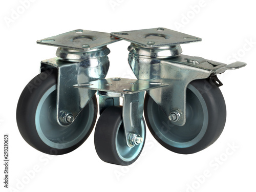 Wheels made of polyamide and gray rubber in a metal bracket isolated on a white background