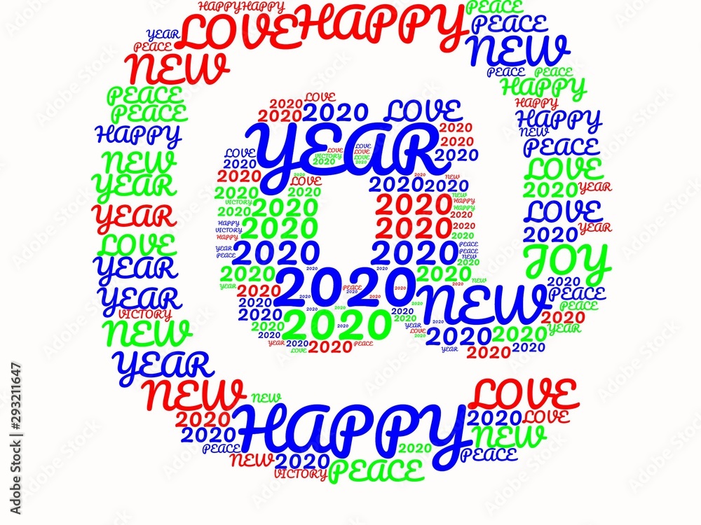 Word cloud in the form of @ and congratulations for the year 2020. Word cloud in the form of @ and congratulations for the year 2020.