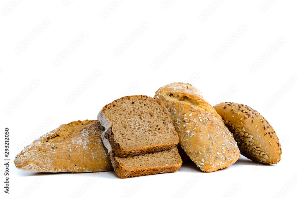 Various breads isolated on a white background. The concept of baking bread, eating meals with rolls, bread. Product made of wheat and rye flour, bread preparation. Various breads isolated on a white background. The concept of baking bread, eating meals with rolls, bread. Product made of wheat and rye flour, bread preparation.