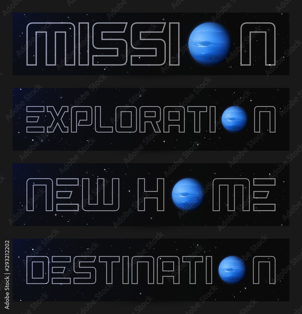 Set of horizontal banners with planet Neptune in outer space. Space background with eighth planet of solar system. Cards for design with realistic blue sphere in galaxy. Celestial object for website Set of horizontal banners with planet Neptune in outer space. Space background with eighth planet of solar system. Cards for design with realistic blue sphere in galaxy. Celestial object for website