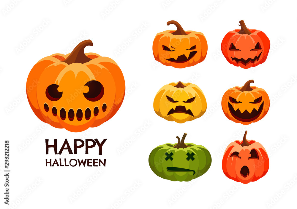 Set of Halloween pumpkins with scary face. Isolated on white background. Jack O'Lantern vector characters. Set of Halloween pumpkins with scary face. Isolated on white background. Jack O'Lantern vector characters.