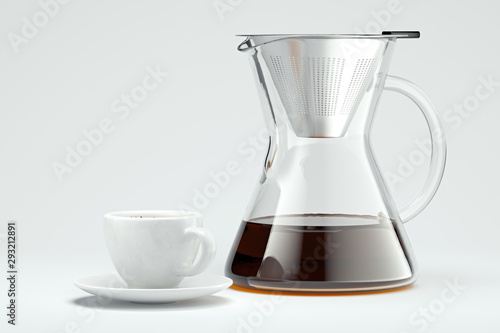 freshly prepared black coffee in chemex pour over coffee maker Alternative ways of brewing coffee. 3d rendering photo