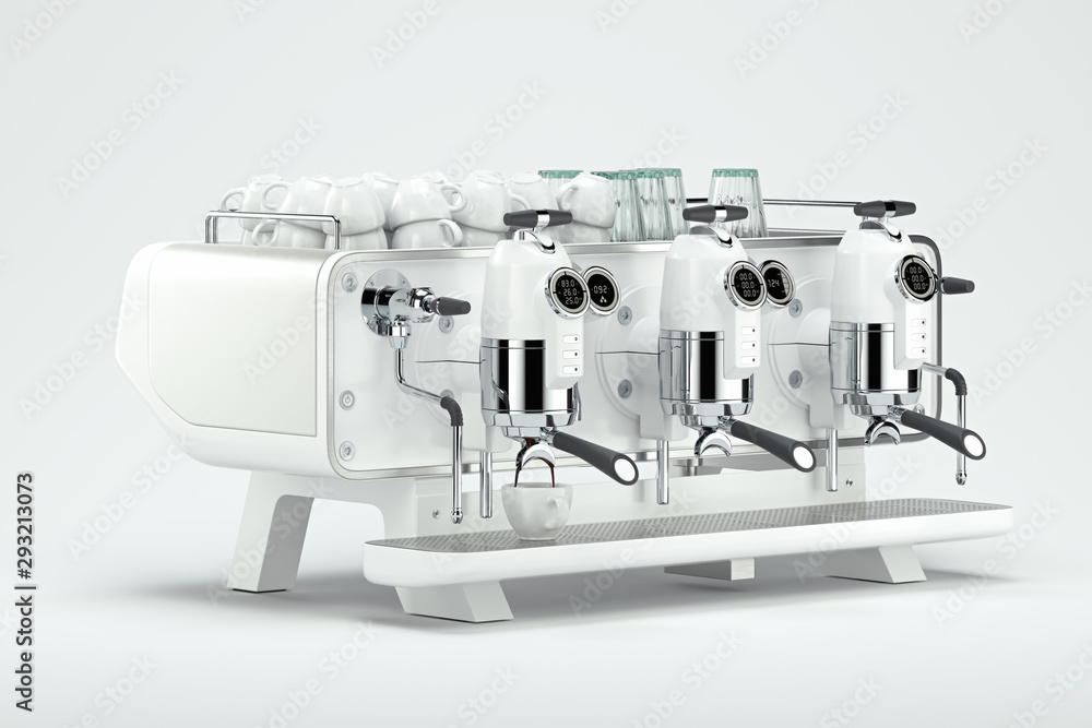 coffee machine and white coffee cups above it. 3d rendering. Breakfast time. coffee machine and white coffee cups above it. 3d rendering. Breakfast time.