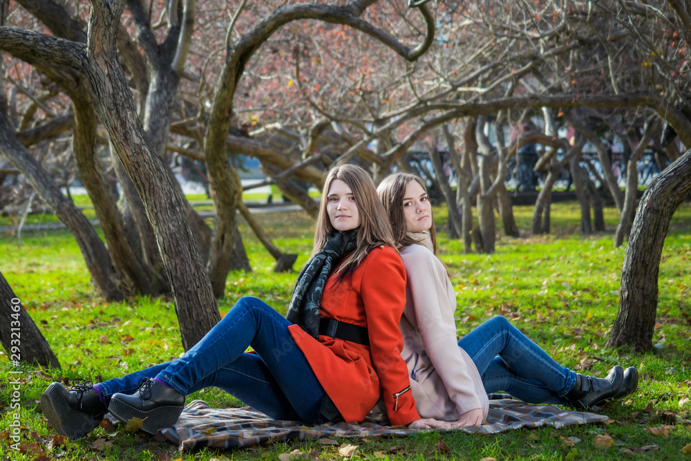 Two pretty girlfriends are sitting on lawn in park Two pretty girlfriends are sitting on lawn in park