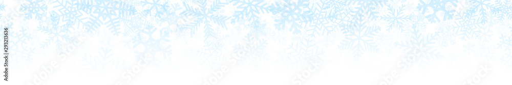 Christmas horizontal seamless banner or background of many layers of snowflakes of different shapes, sizes and transparency. Gradient from light blue to white - obrazy, fototapety, plakaty 