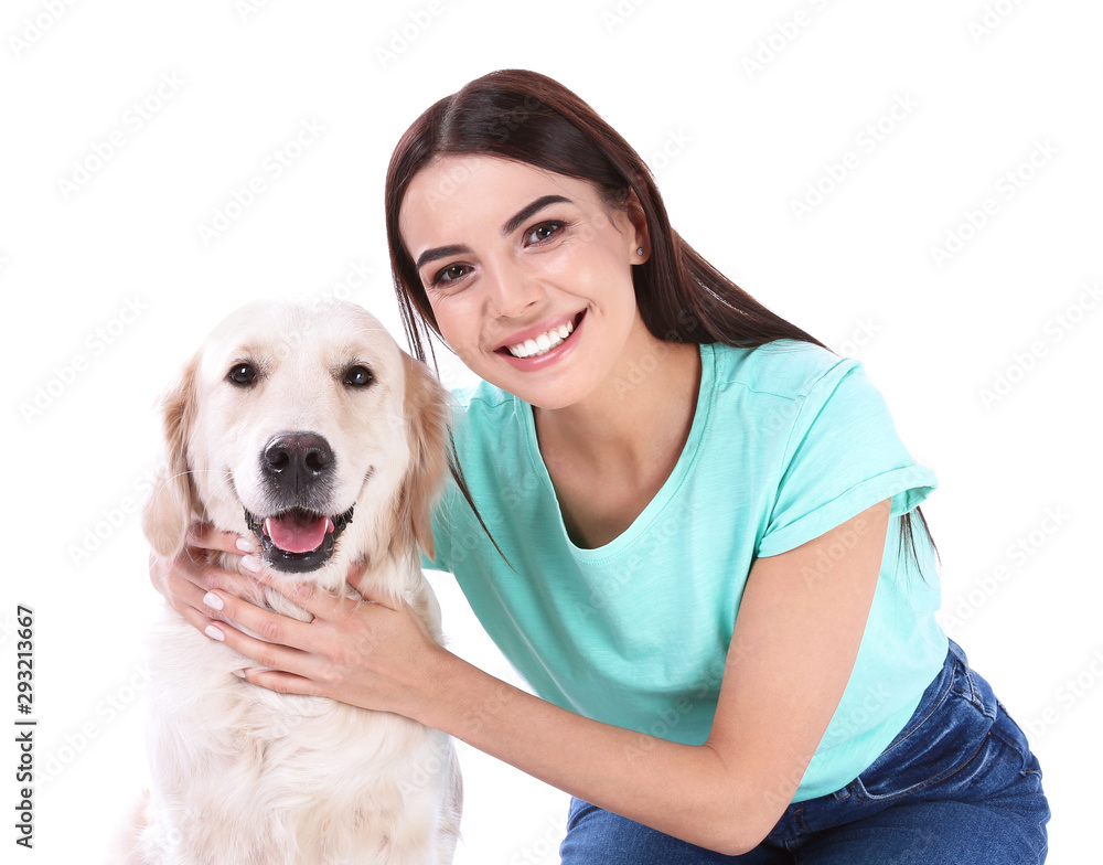 Young woman and her Golden Retriever dog on white background Young woman and her Golden Retriever dog on white background