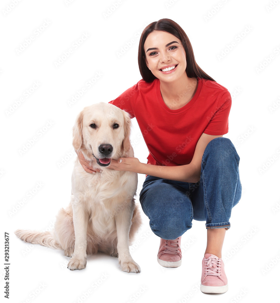 Young woman and her Golden Retriever dog on white background Young woman and her Golden Retriever dog on white background