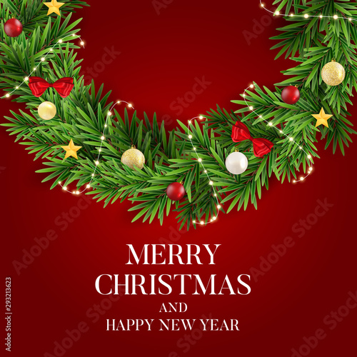 Abstract Holiday New Year and Merry Christmas Background with realistic Christmas wreath. Vector Illustration
