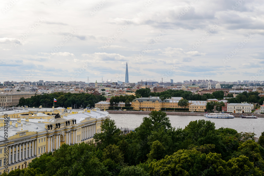Landscape view of the city of Saint Petersburg, Russia seen from the St. Isaac cathedral. The river Neva charachterise the view.