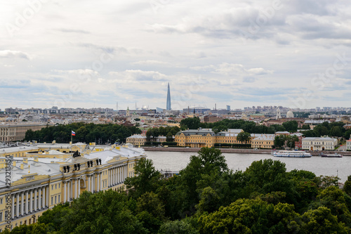 Landscape view of the city of Saint Petersburg, Russia seen from the St. Isaac cathedral. The river Neva charachterise the view.