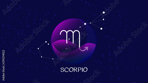 Scorpio sign, zodiac background. Beautiful and simple illustration of night, starry sky with scorpio zodiac constellation behind glass sphere with encapsulated scorpio sign and constellation name. 
