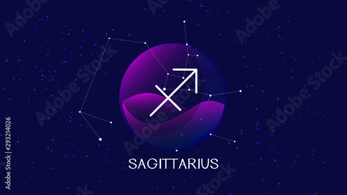 Sagittarius sign background. Beautiful and simple illustration of night starry sky with sagittarius zodiac constellation behind glass sphere with encapsulated sagittarius sign and constellation name. 