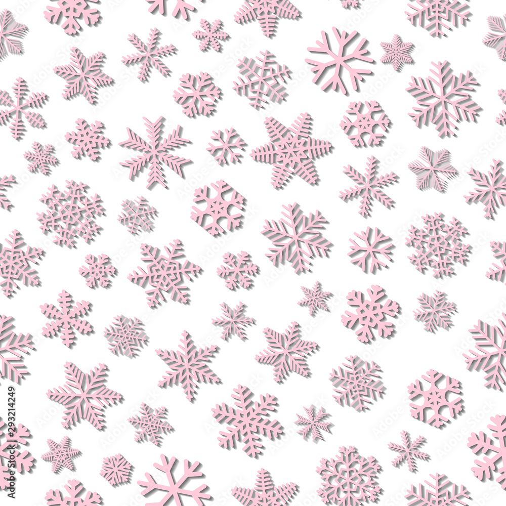 Christmas seamless pattern of snowflakes, pink on white background