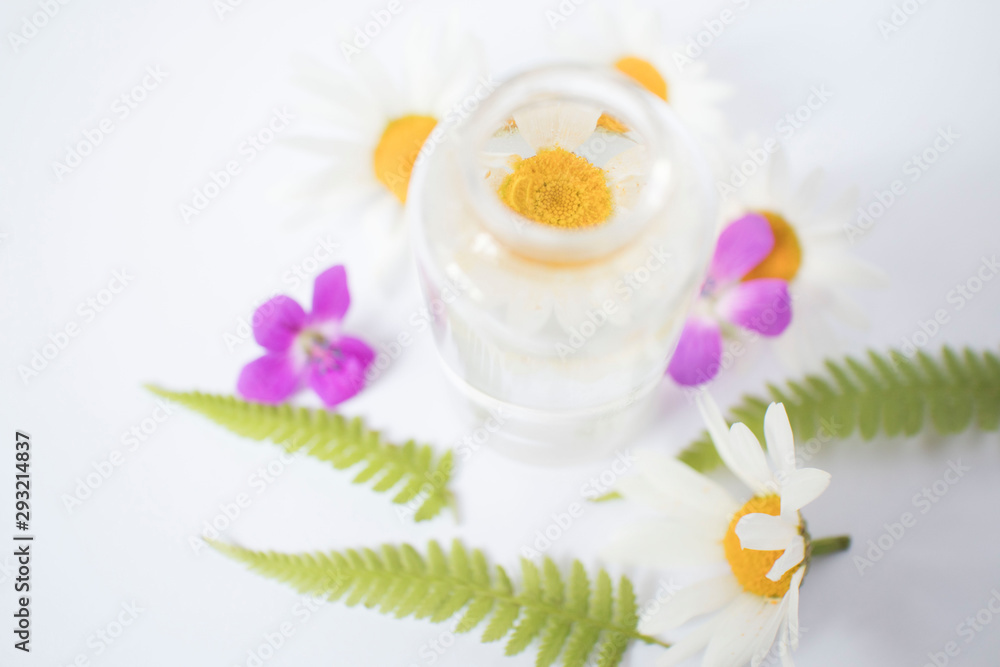 glass bottle oil based on various medicinal herbs and flowers, cosmetic oil for skin care on white background glass bottle oil based on various medicinal herbs and flowers, cosmetic oil for skin care on white background