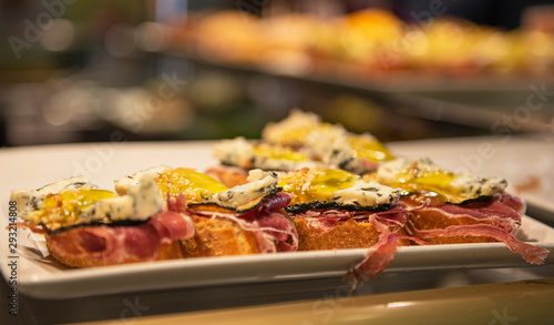 Close-up view of wide variety of tapas in Spain