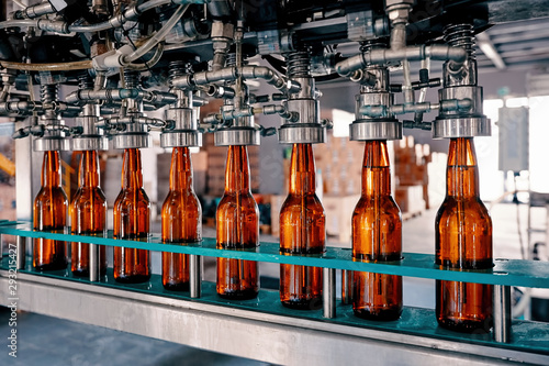 Fototapeta Beer bottles filling on the conveyor belt in the brewery factory