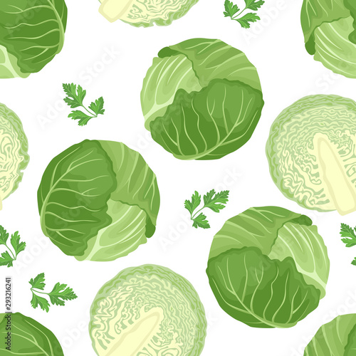 Cabbage seamless pattern on white background. Green cabbage whole and half. Vector illustration of fresh vegetables in cartoon simple flat style.