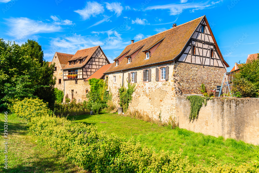 Old traditional houses in Kientzheim village on Alsatian Wine Route, France