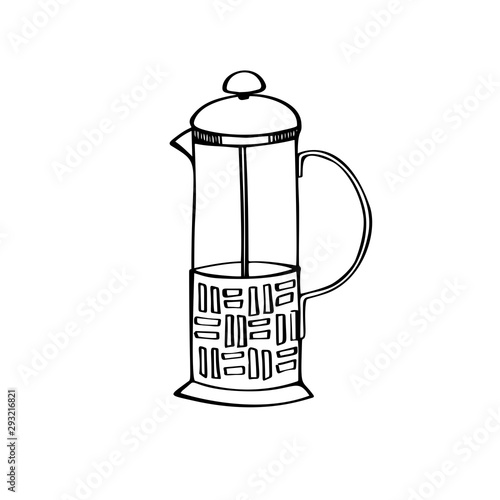 Traditional coffee maker. Hand drawn element. Sketch style. Line art. Vector illustration. Isolated on white background.
