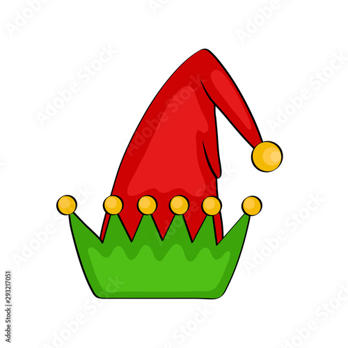 Funny Christmas holiday elf hat wearing for noel sign. Elves fur cap clothes, decoration xmas costume cartoon isolated vector icon on white