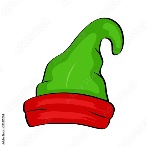 Funny Christmas holiday elf hat wearing for noel sign. Elves fur cap clothes, decoration xmas costume cartoon isolated vector icon on white