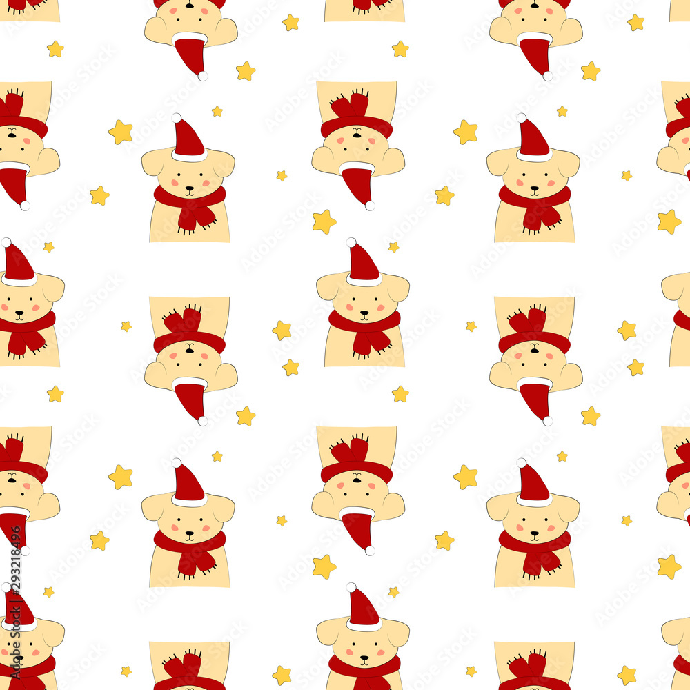 Seamless pattern with puppy in a scarf. Art for children illustration, holiday packing.