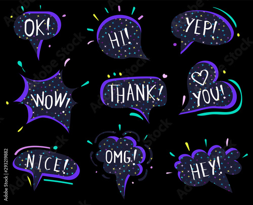 Vector speech clouds, stickers collection or set. Galaxy, universe, cosmic, stars, space print. Neon, trendy colors