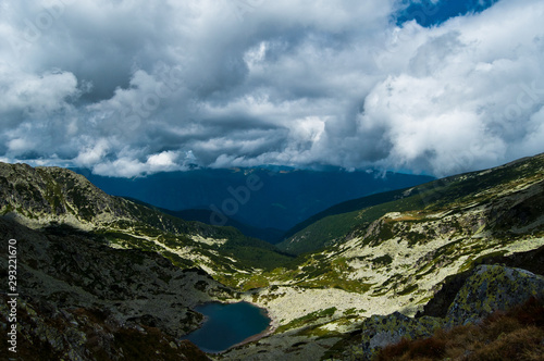 High-altitude landscape with glacier lakes from the Retezat Peak of the Carpathian Mountains  